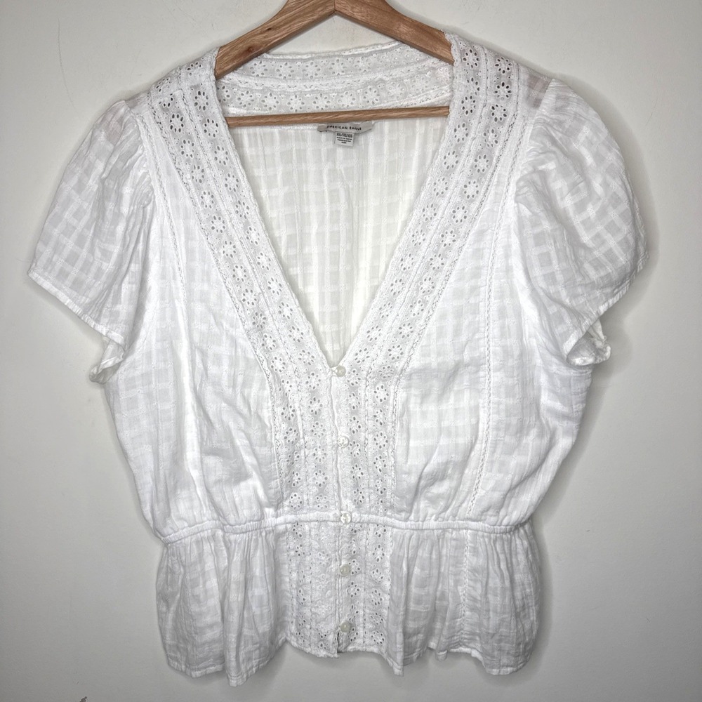 American Eagle Boho Cottagecore Smocked Peasant Top Blouse Womens Eyelet XXL